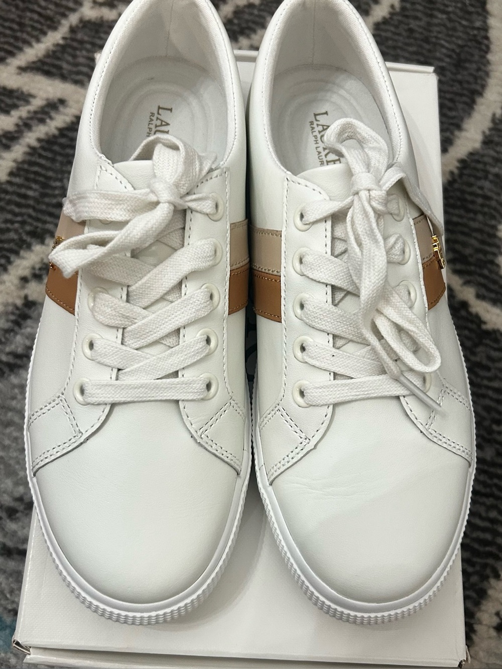 Lauren Ralph Lauren White Leather Sneakers with Tan Stripe Size 7